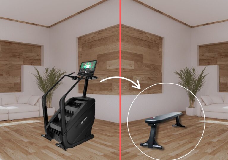 weight bench and stepper in living room