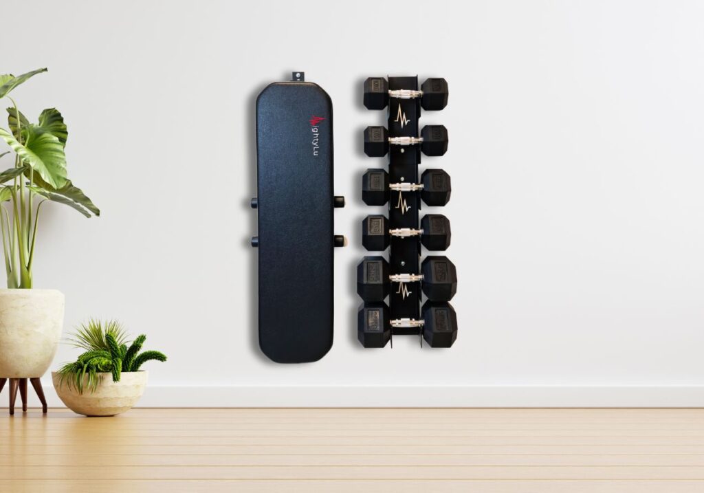 dumbbell rack and foldable weight bench mightyRock mounted on the wall
