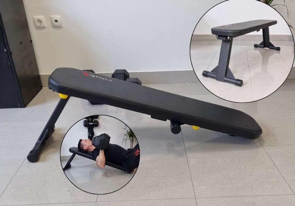 Flat foldable weight bench on floor inclined