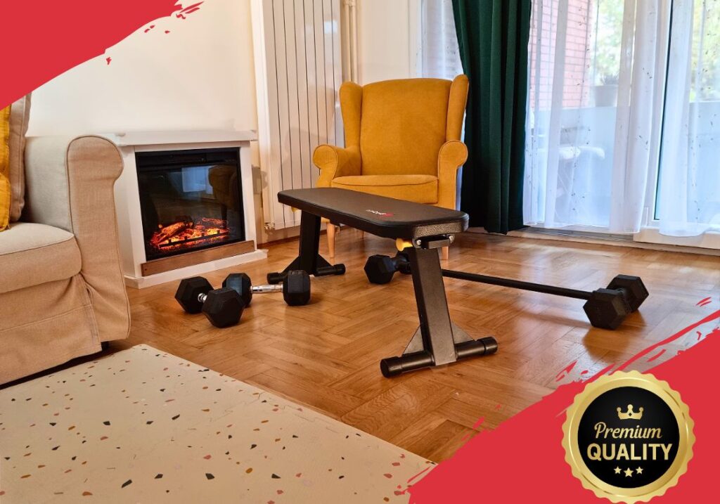 FOldable weight bench in living room and dumbbells on the floor