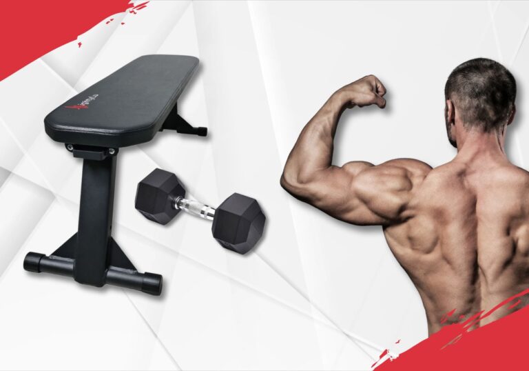weight bench with one dumbbell and man posing back