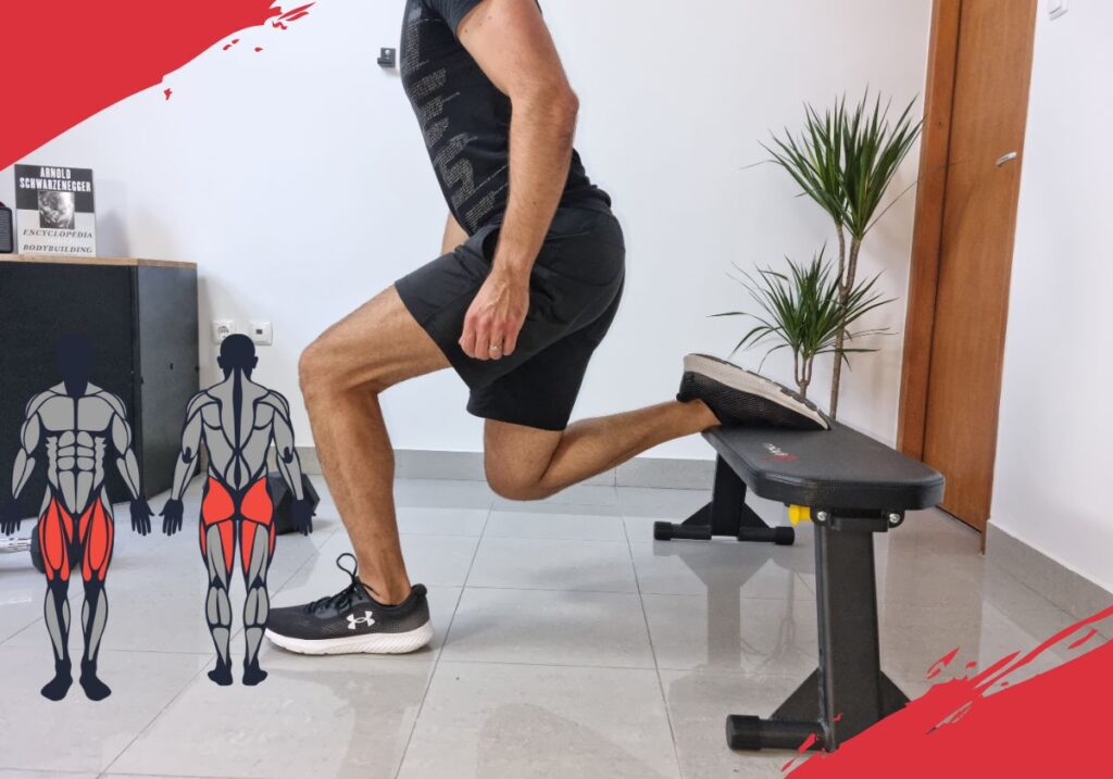 lifter doing bulgarian split squats on weight bench at home