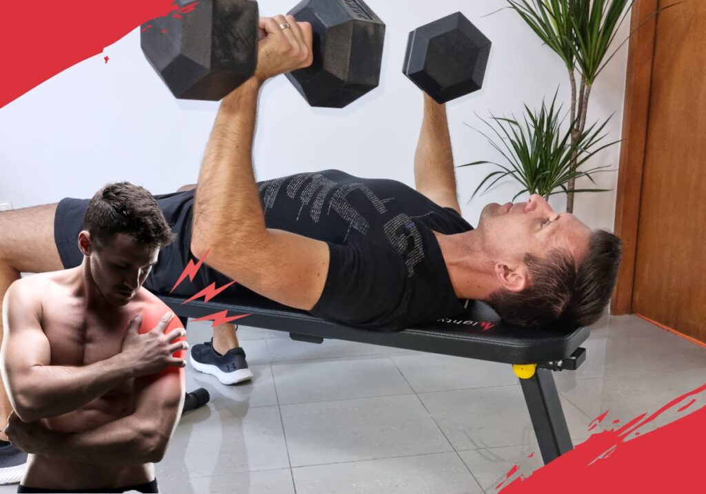 Men doing dumbbell bench press at home