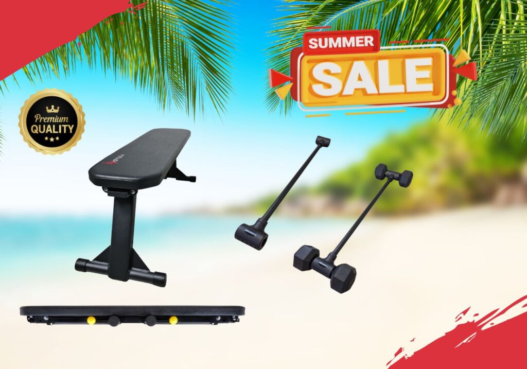 Foldable weight bench and dumbbell converter with summer sale background