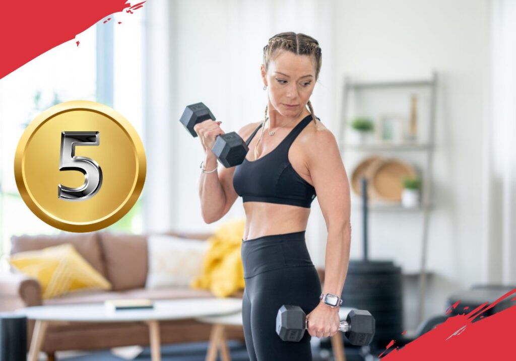 women doing home workout biceps curls