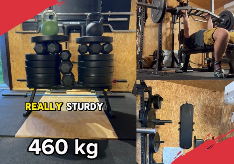 MightyRock foldable weight bench review with 460 kg load test, bench press, and wall storage