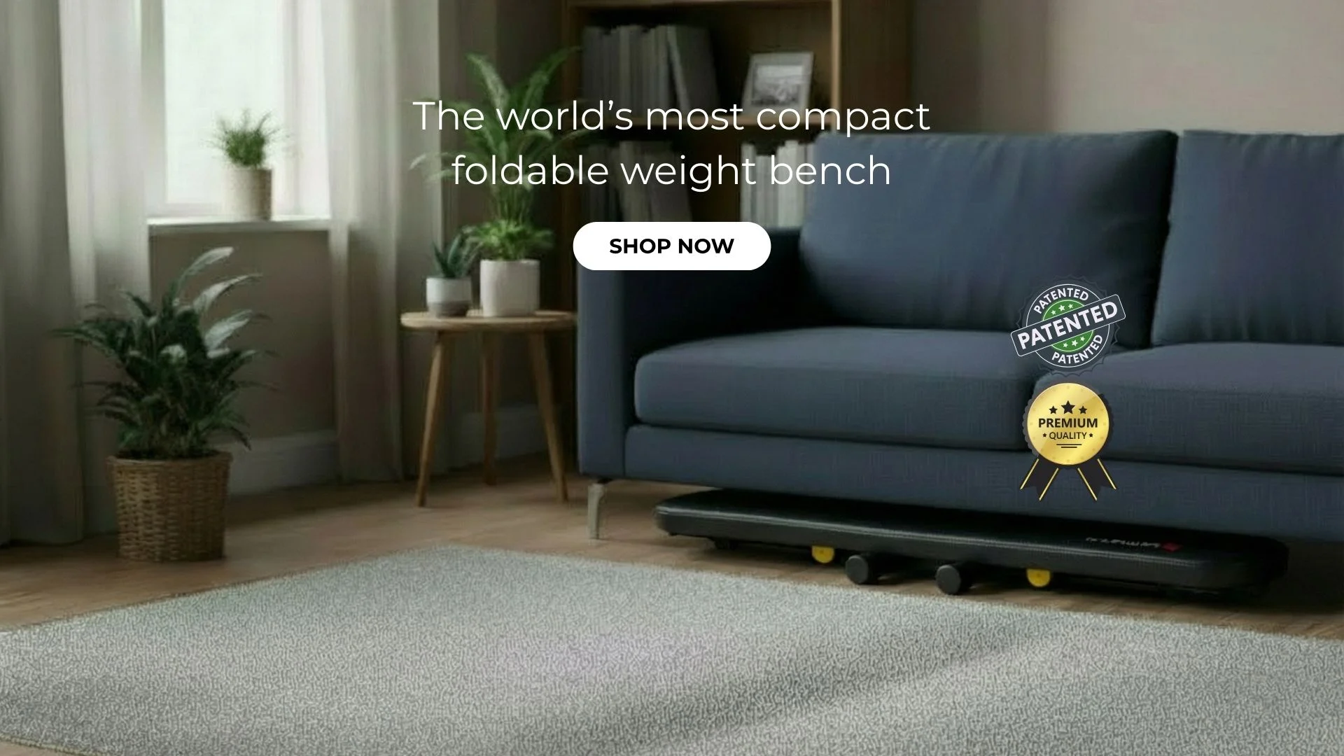 MightyRock foldable weight bench stored under sofa for space saving home gym