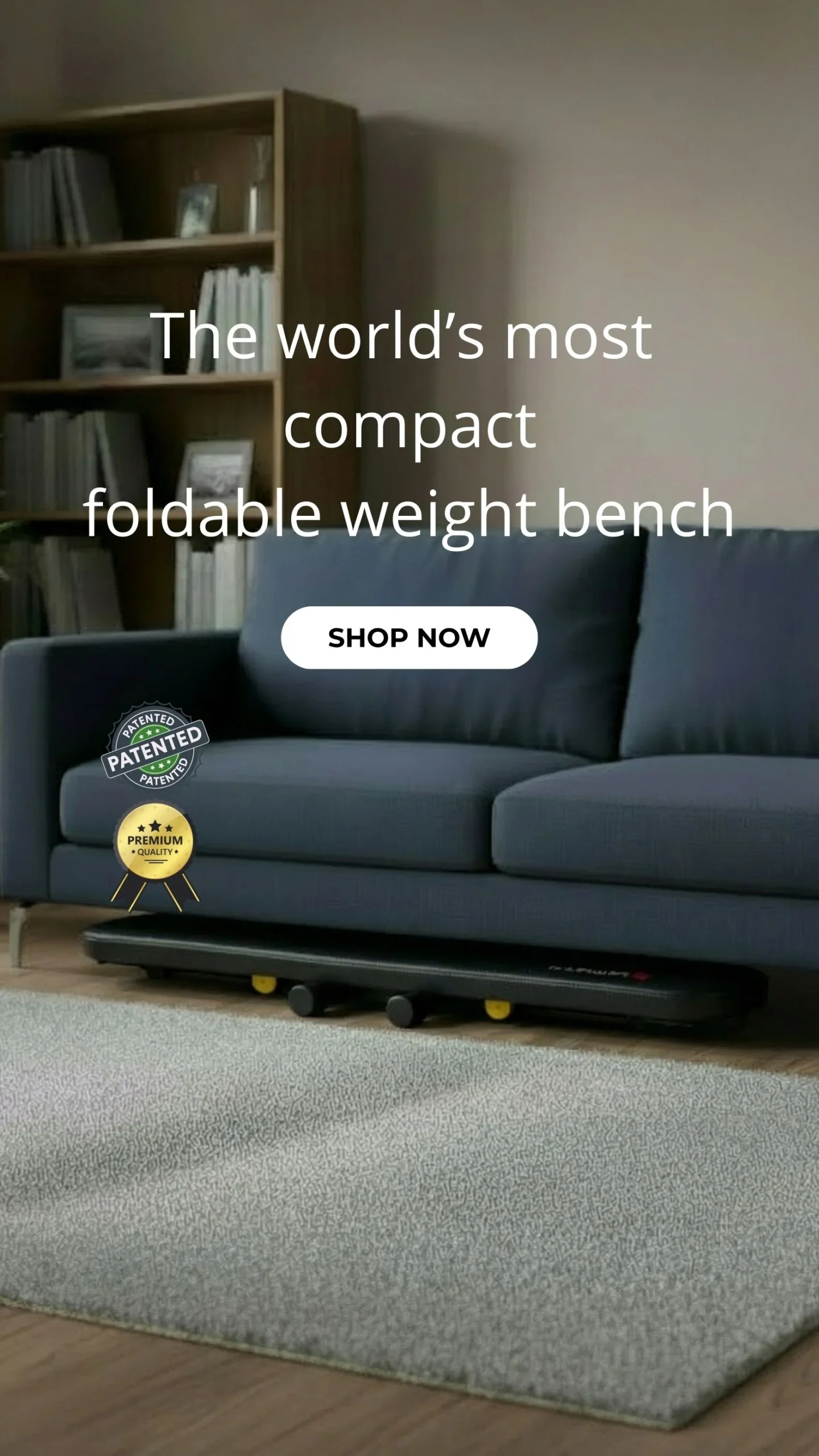 MightyRock foldable weight bench stored under sofa for space saving home gym