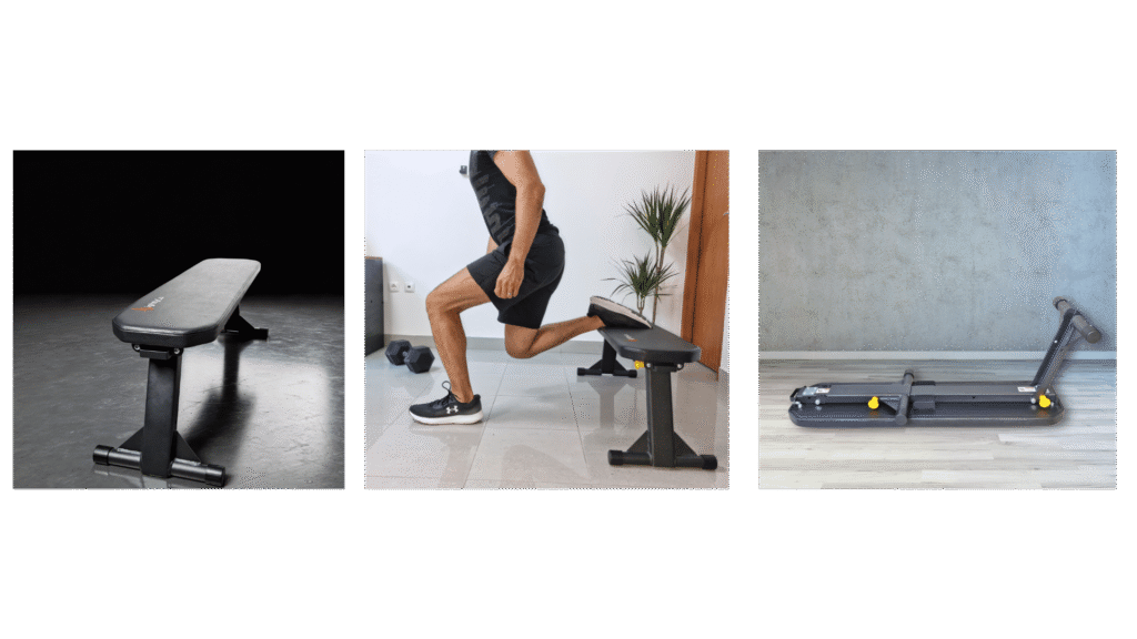 MightyRock foldable weight bench in different backgrounds