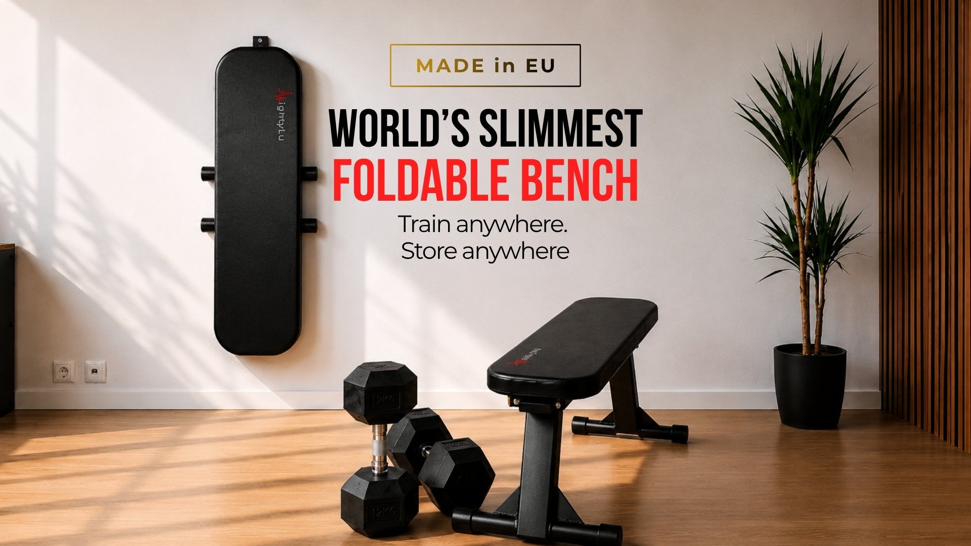 MightyRock foldable weight bench in a modern apartment home gym with wall-mounted storage and compact space-saving design
