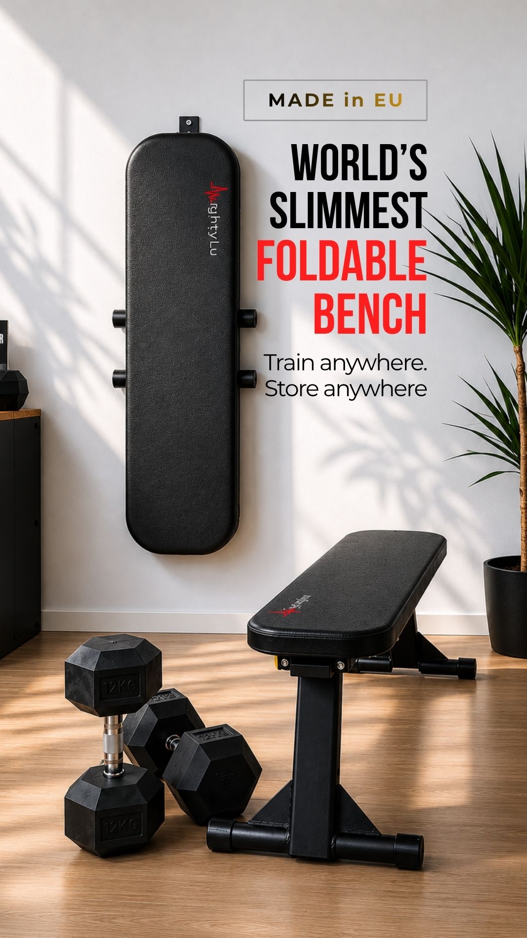 MightyRock foldable weight bench in a modern apartment home gym with wall-mounted storage and compact space-saving design