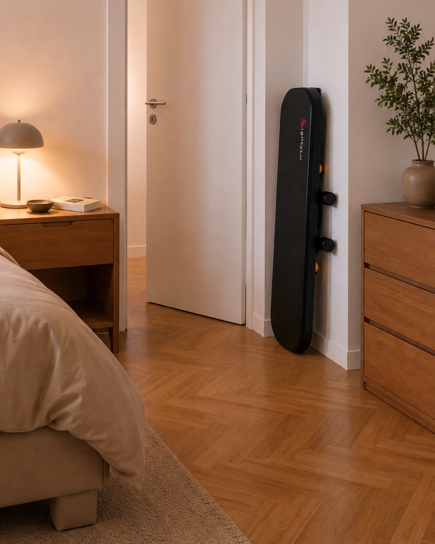 MightyRock foldable weight bench stored behind a bedroom door to save space