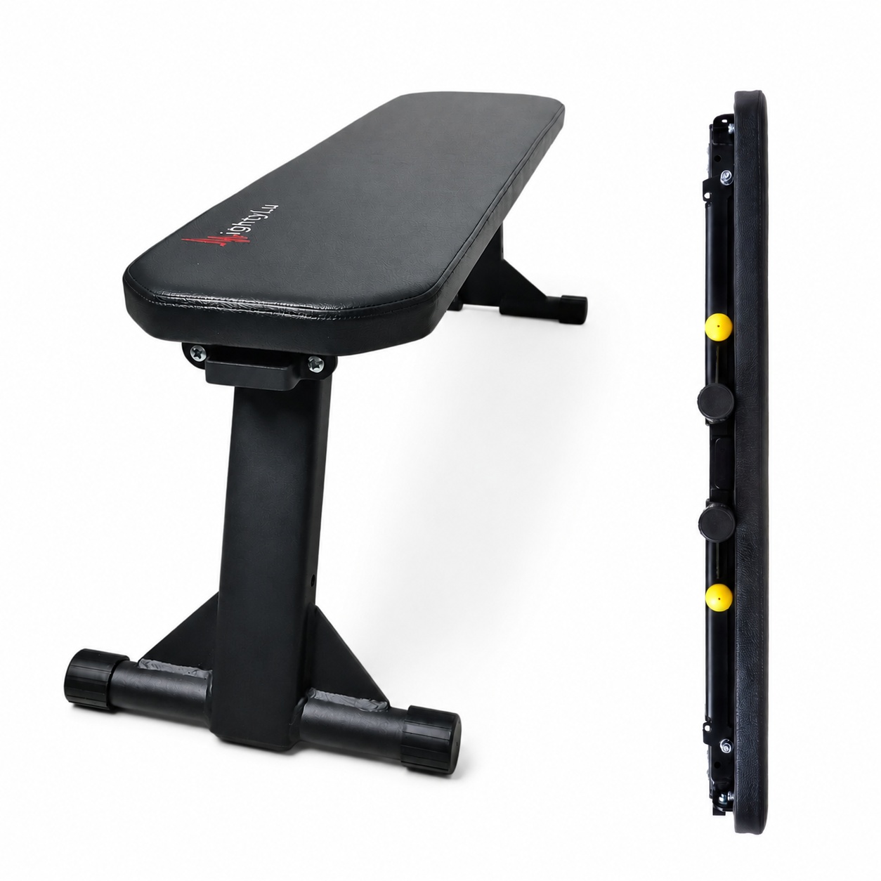 MightyRock foldable weight bench with front and side view in studio white background