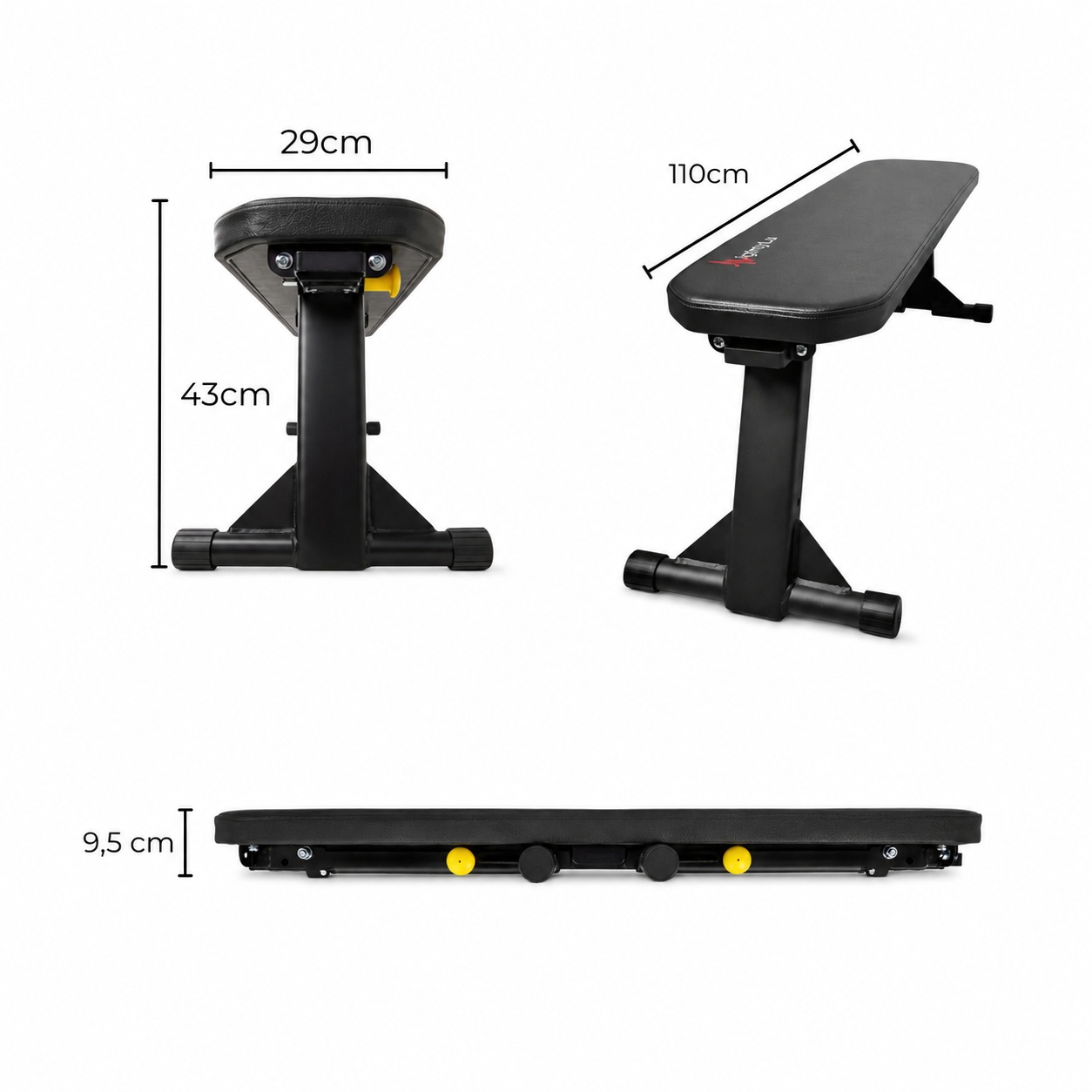 MightyRock bench in studio - dimensions MightyRock foldable weight bench in 3 views with dimensions