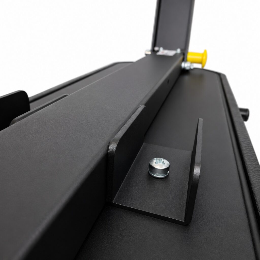 View of the MightyRock foldable weight bench underside steel structure and padding