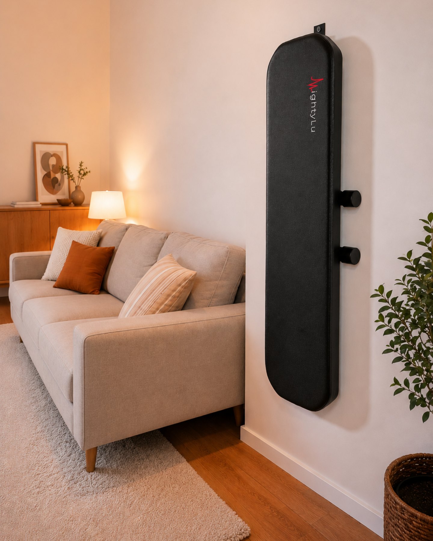 MightyRock foldable weight bench mounted vertically on a wall