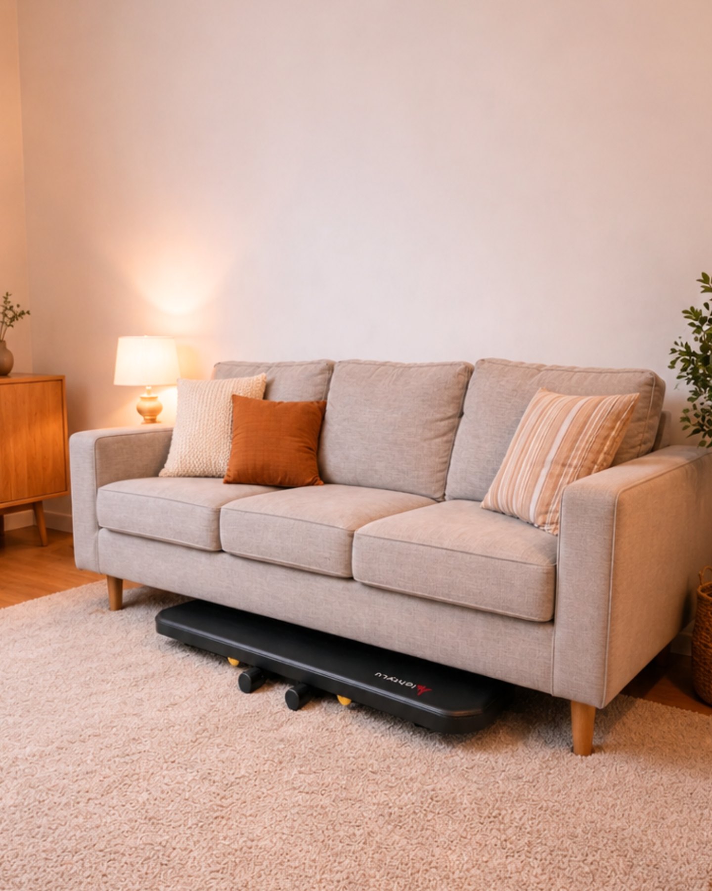 MightyRock foldable weight bench stored underneath a living room sofa