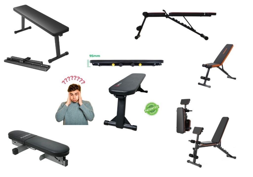 Different foldable weight bench types and adjustable weight benches for home gyms, including flat and incline models