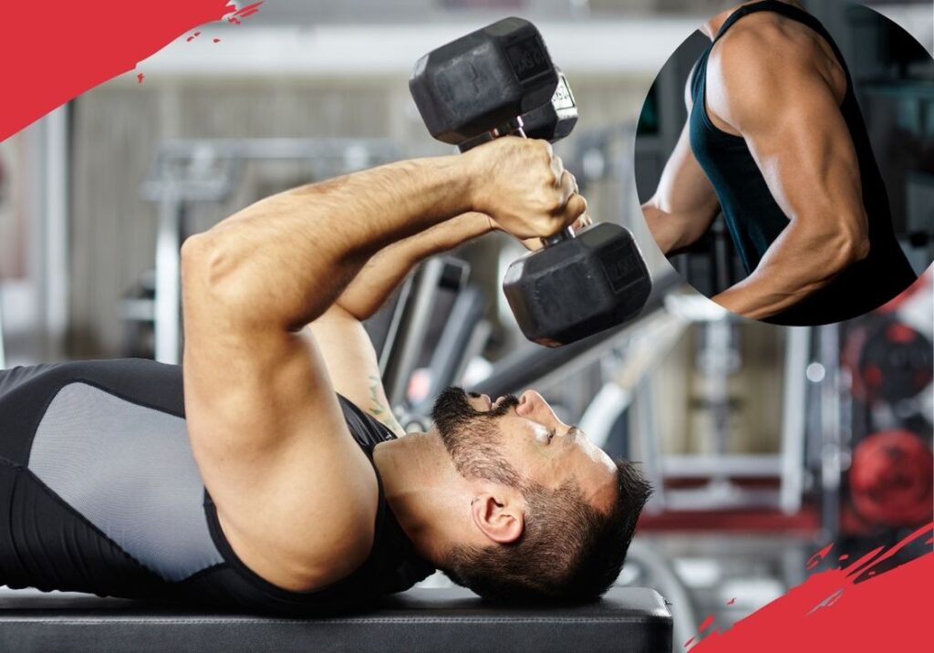 Men doing triceps extension with dumbbells