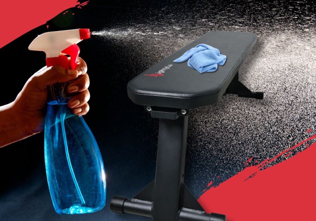 How to clean a weight bench: weight bench with a cloth and cleaner