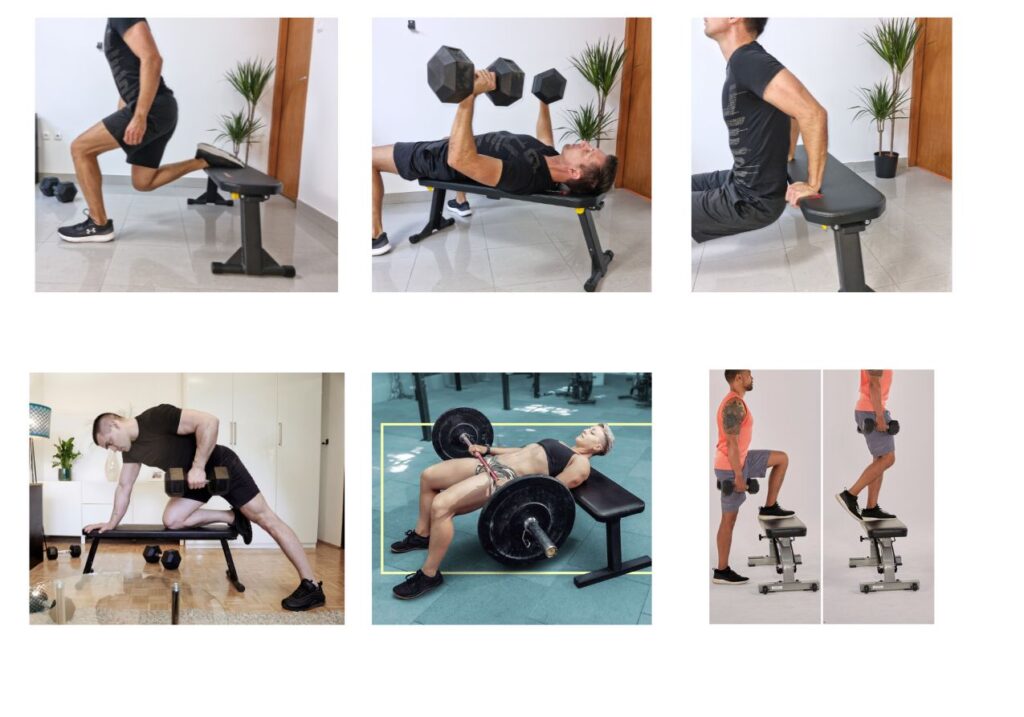Examples of weight bench exercises for home gym training, including Bulgarian split squats, dumbbell presses, dips, rows, glute bridges, and step-ups